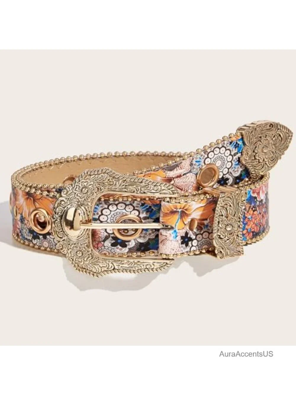Vintage Western Belt Faux Leather Floral Carved Buckle Cowgirl Waist